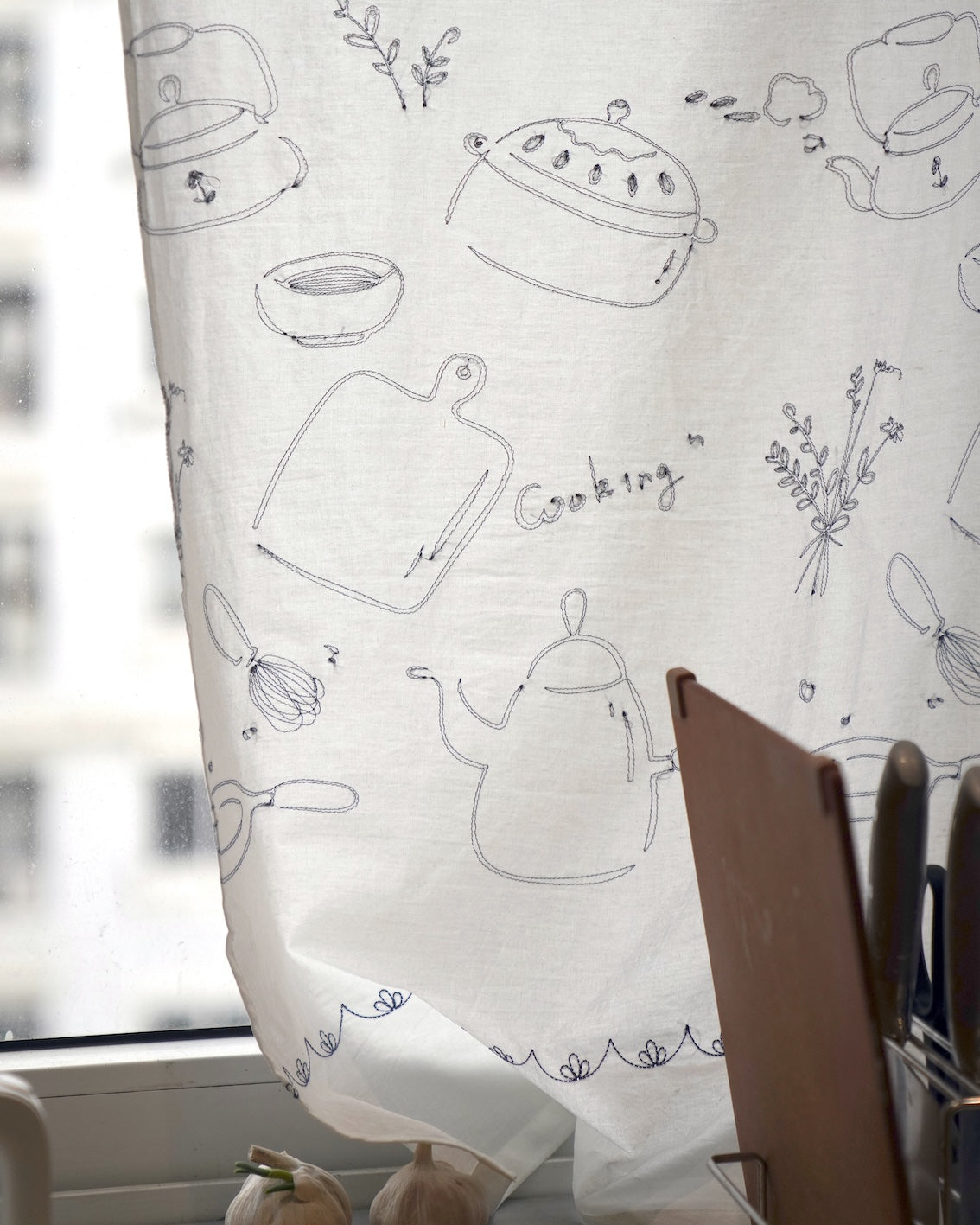 Blue Gingham Embroidered Sheer Kitchen Curtain Panel