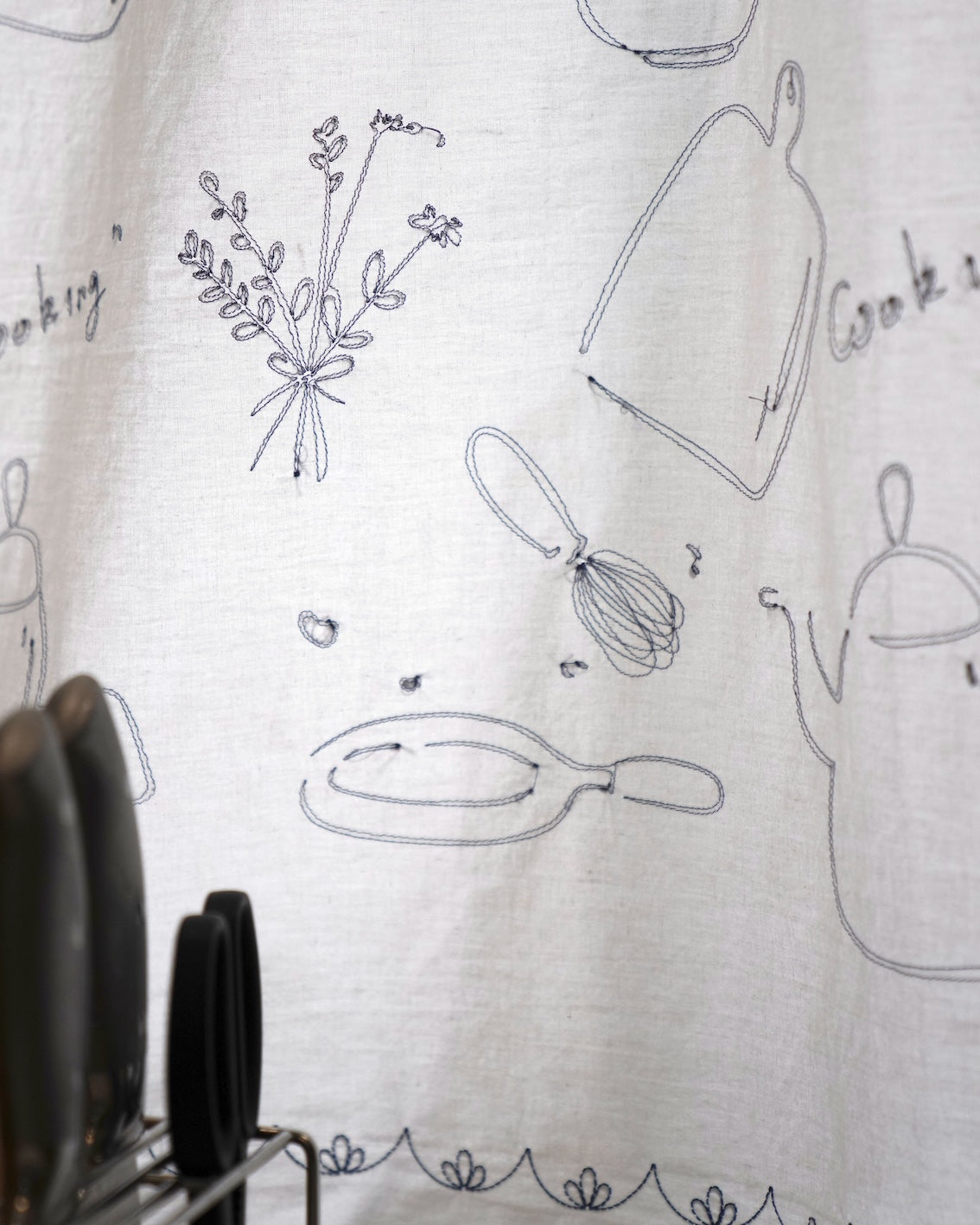 Blue Gingham Embroidered Sheer Kitchen Curtain Panel