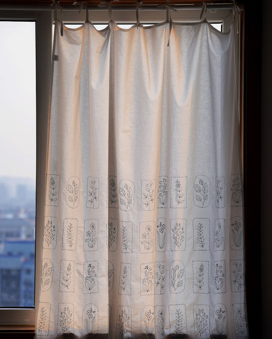 Botanical Embroidered Tie-Top Privacy Curtain – Blue on White (1 Panel)
