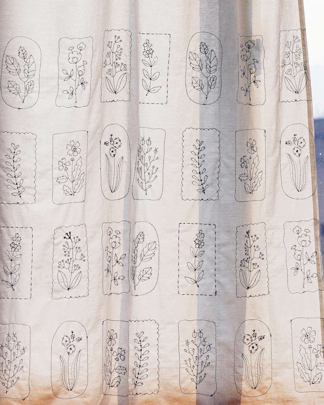 Botanical Embroidered Tie-Top Privacy Curtain – Blue on White (1 Panel)