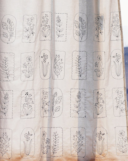Botanical Embroidered Tie-Top Privacy Curtain – Blue on White (1 Panel)