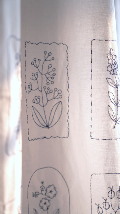 Botanical Embroidered Tie-Top Privacy Curtain – Blue on White (1 Panel)