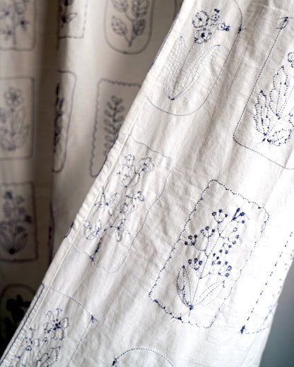 Botanical Embroidered Tie-Top Privacy Curtain – Blue on White (1 Panel)