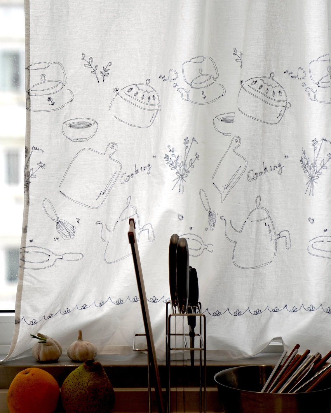 Blue Gingham Embroidered Sheer Kitchen Curtain Panel