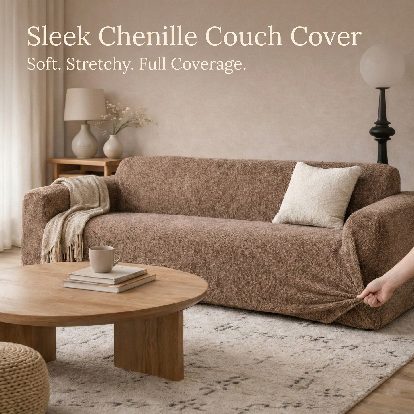 Sleek Chenille Couch Cover - Premium Chenille Jacquard, 360° Wrap & Stays Put