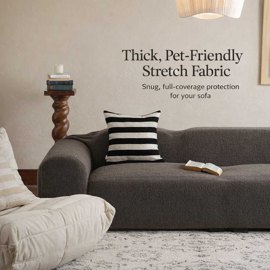 Plush Bouclé Couch Cover – 360° Stretch, Pet-Friendly & Washable