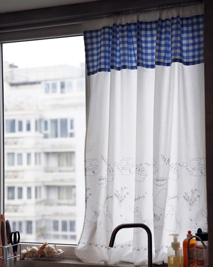 Blue Gingham Embroidered Sheer Kitchen Curtain Panel