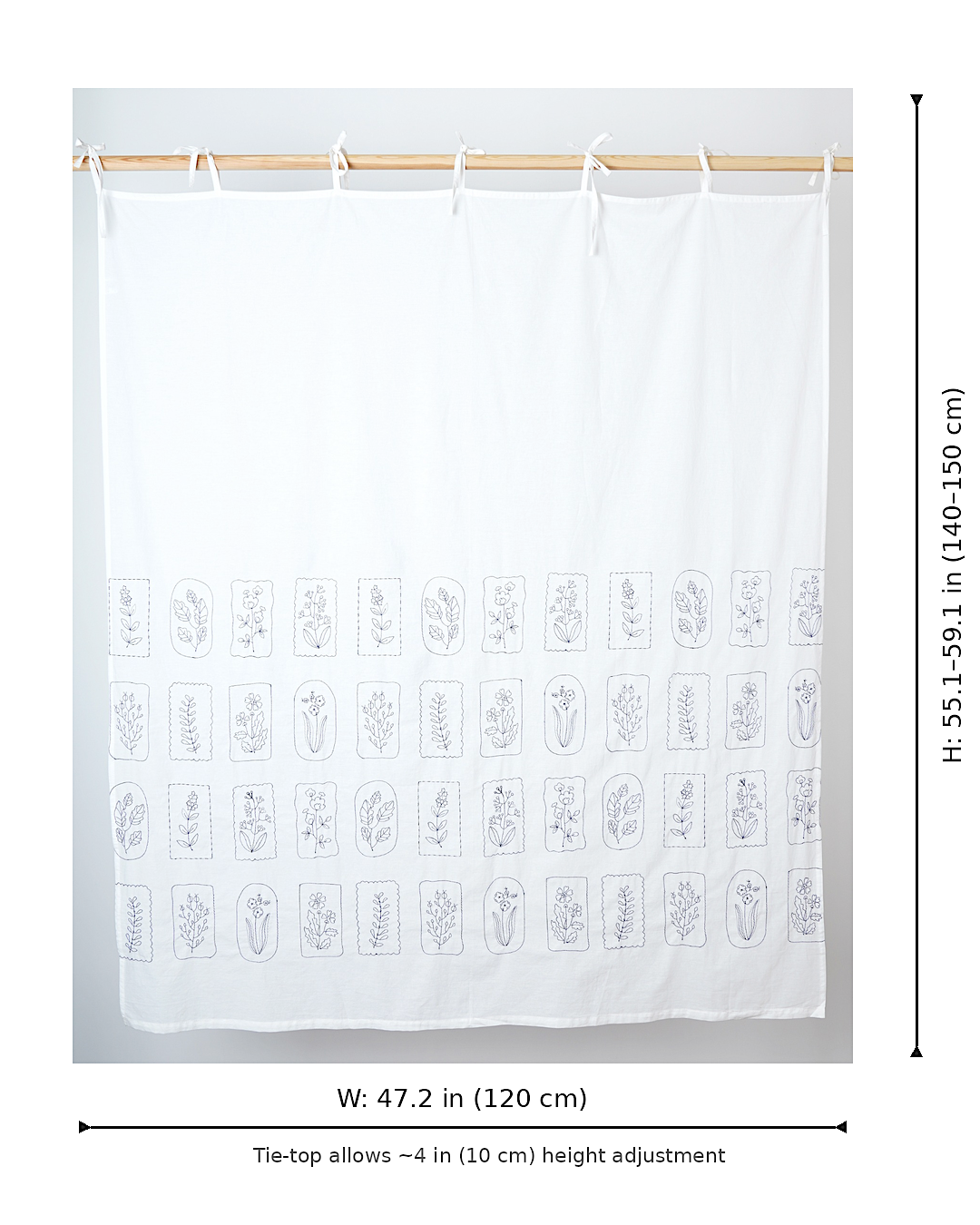 Botanical Embroidered Tie-Top Privacy Curtain – Blue on White (1 Panel)